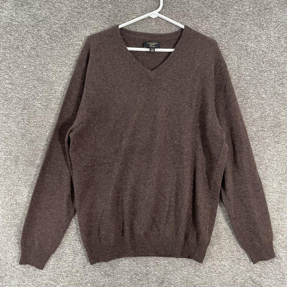 Club Room Sweater Mens Large Brown 100% Cashmere V Neck Solid Knit Pullover